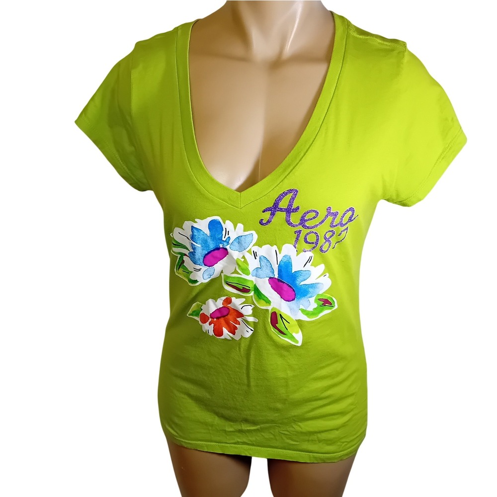 Y2K Aeropostale Women Lime V Neck T Shirt Floral Logo Glitter Graphic Tee Top XL